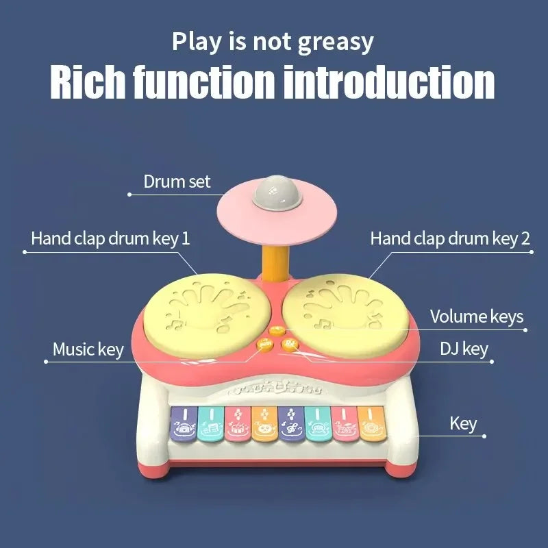 Pink drum toy diagram showing drum pads, keyboard, music button, DJ button, and volume controls