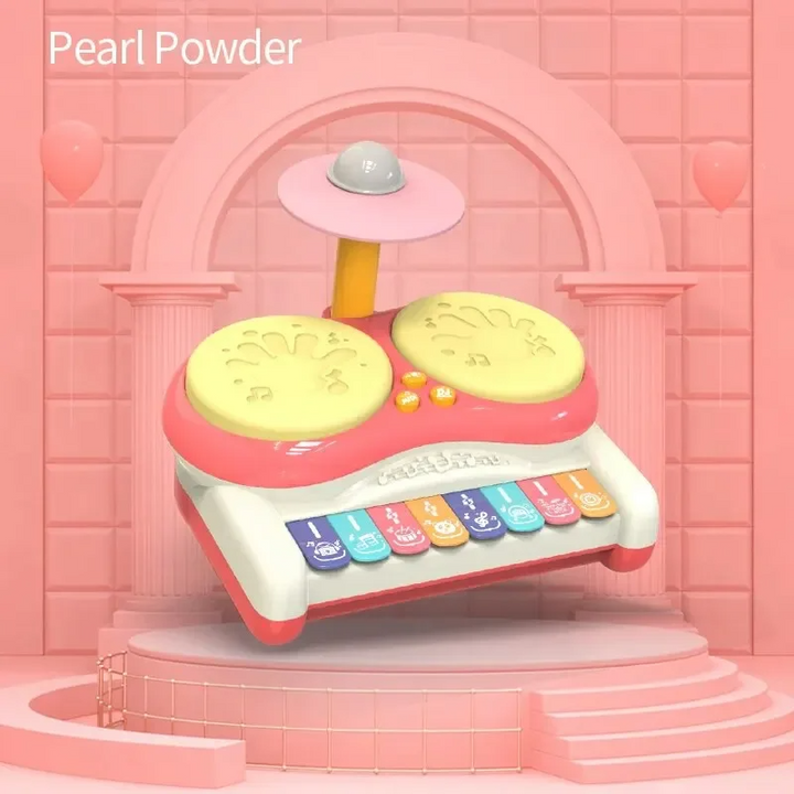 Pink drum and keyboard toy with two yellow drum pads and a raised pink cymbal