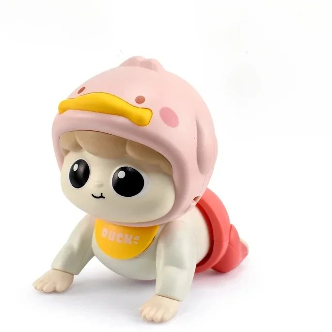 Pink duck-themed crawling doll with a red outfit and yellow bib