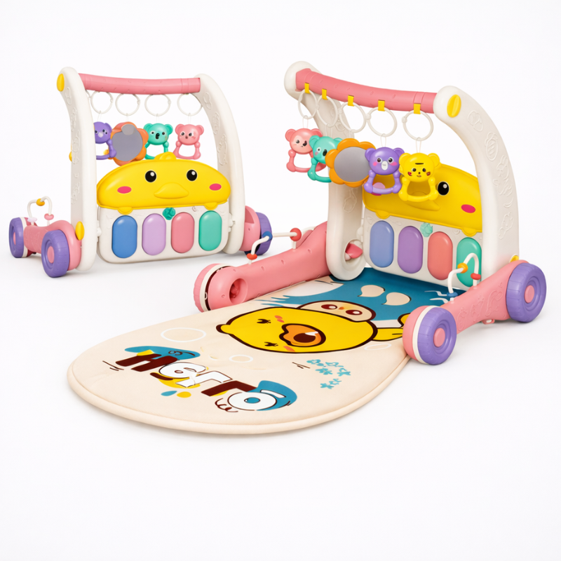 Pink and white duck gym and walker with hanging animal toys and a yellow duck-print mat