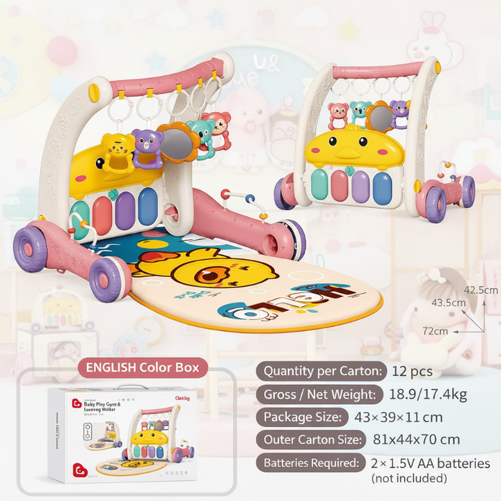Pink and white duck piano gym and walker with a duck mat, measurements, and packaging details