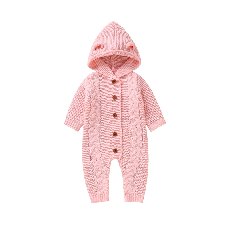Pink cable-knit baby jumpsuit with small hood ears and a button-up front