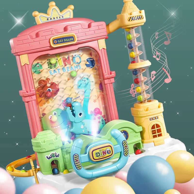 Pink dinosaur ball catcher with a spiral tower, light effects and illustrated music notes.