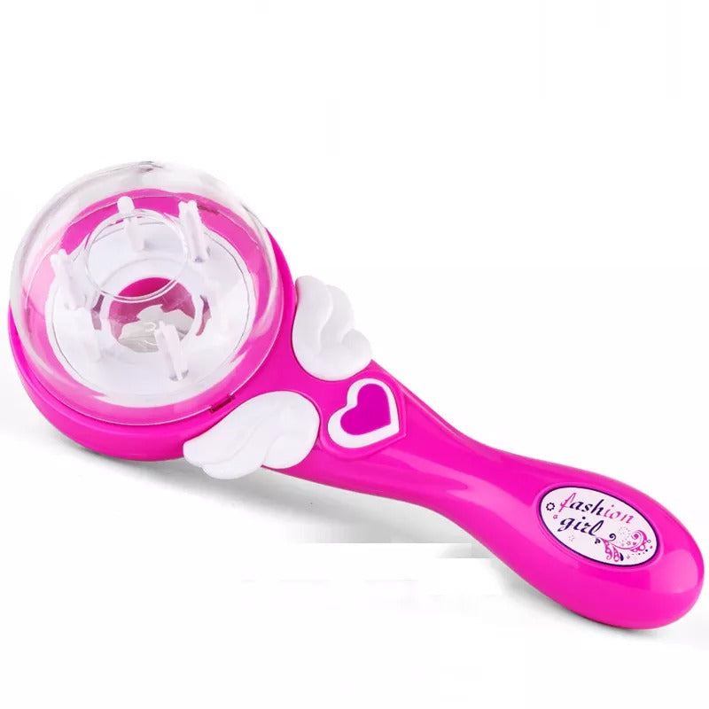 Pink electric hair braider with a clear circular head and a heart detail on the handle