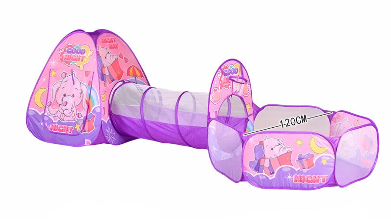 Pink elephant play tent with a purple crawl tunnel and matching open ball pit