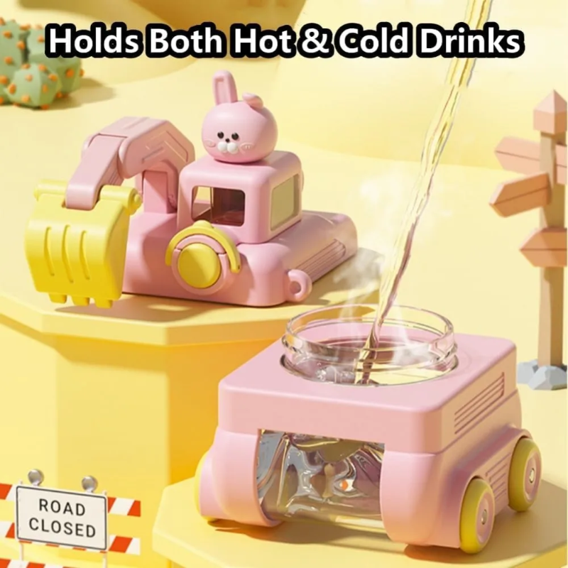 Liquid being poured into the open reservoir of a pink excavator water bottle