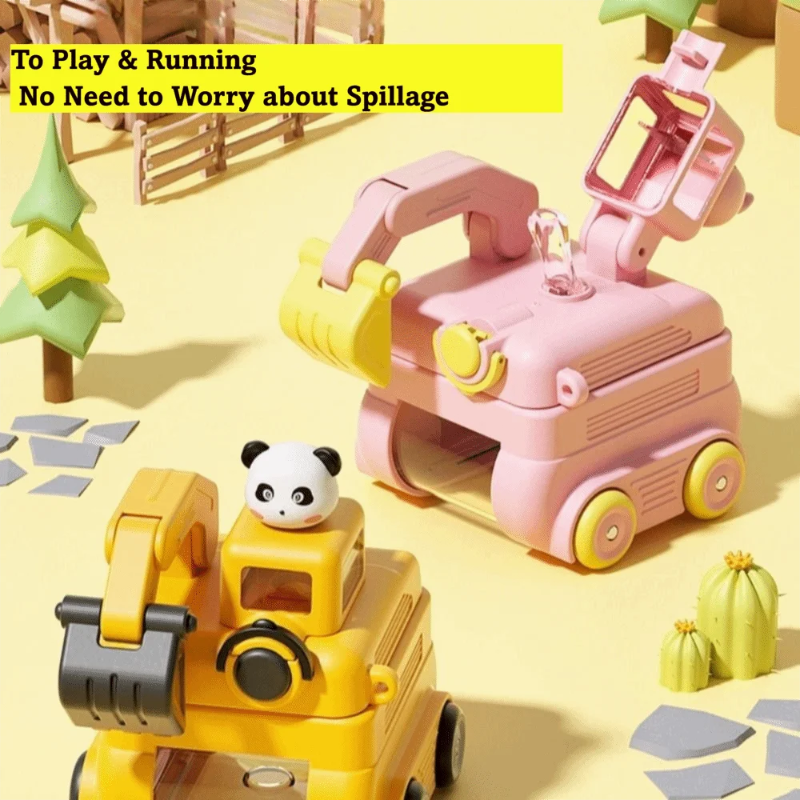 Pink excavator water bottle with its straw lid open beside a yellow version