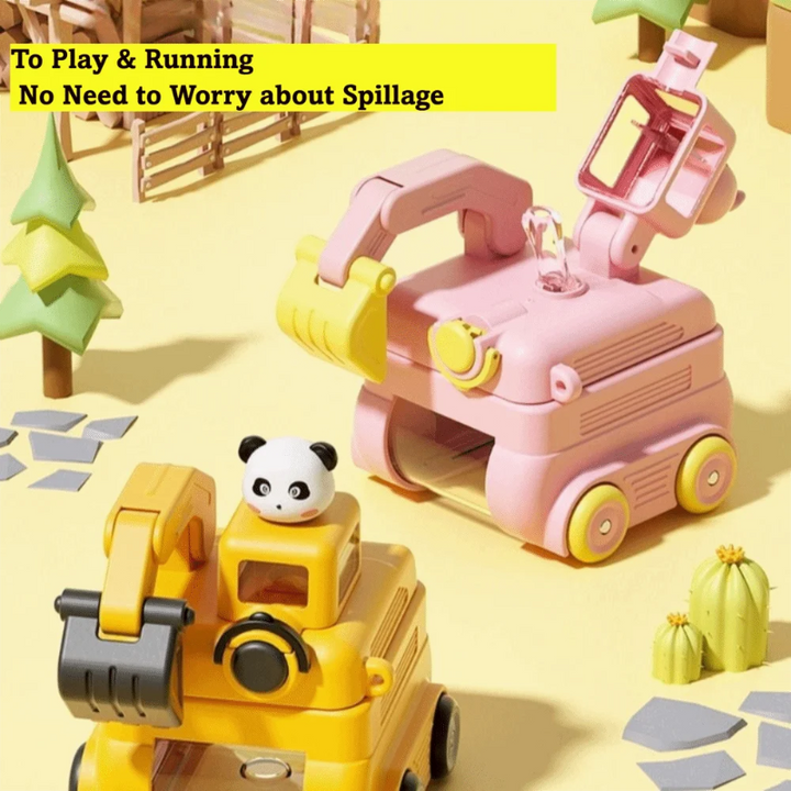 Pink excavator water bottle with its straw lid open beside a yellow version