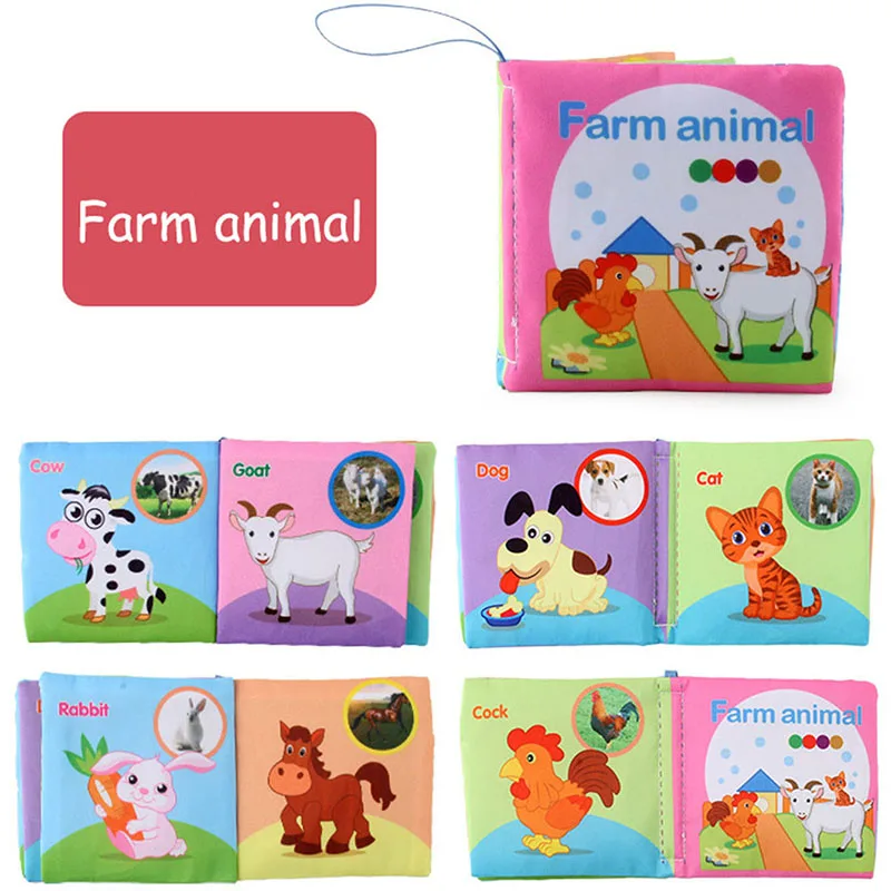 Farm-themed fabric book with a pink cover and illustrated cow, goat, dog, cat, and rabbit pages.
