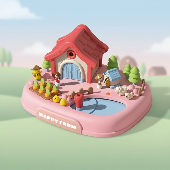 Pink farm playset with a red-roofed barn, animal figures and vegetable patch