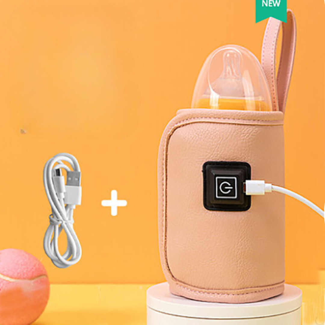 Pink PU faux-leather bottle warmer with carry loop and USB cable.