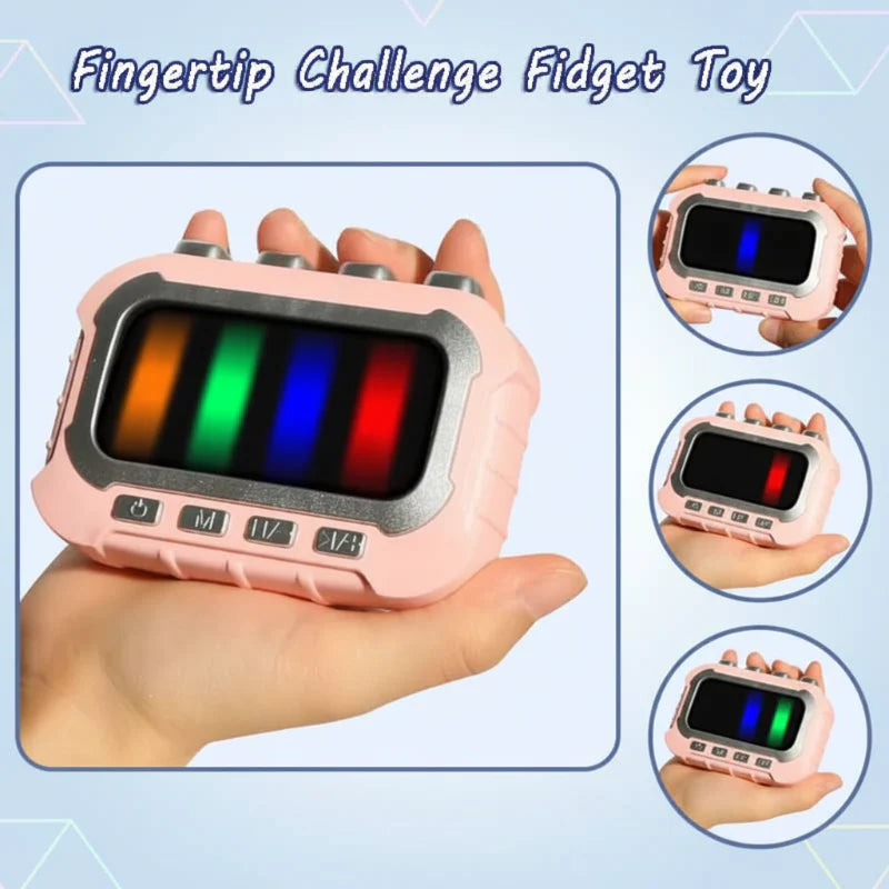 Pink handheld fidget game with fingertip buttons and different colored light sequences.