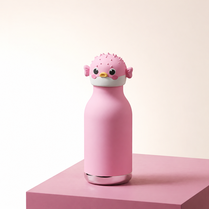 Pink fish thermos bottle with a rounded fish-face cap