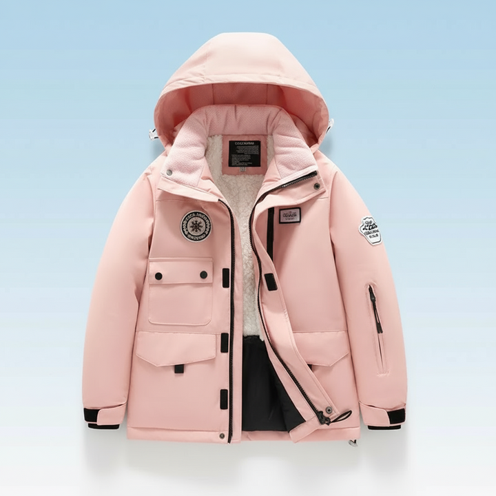 Pink hooded ski jacket with fleece lining and front pockets