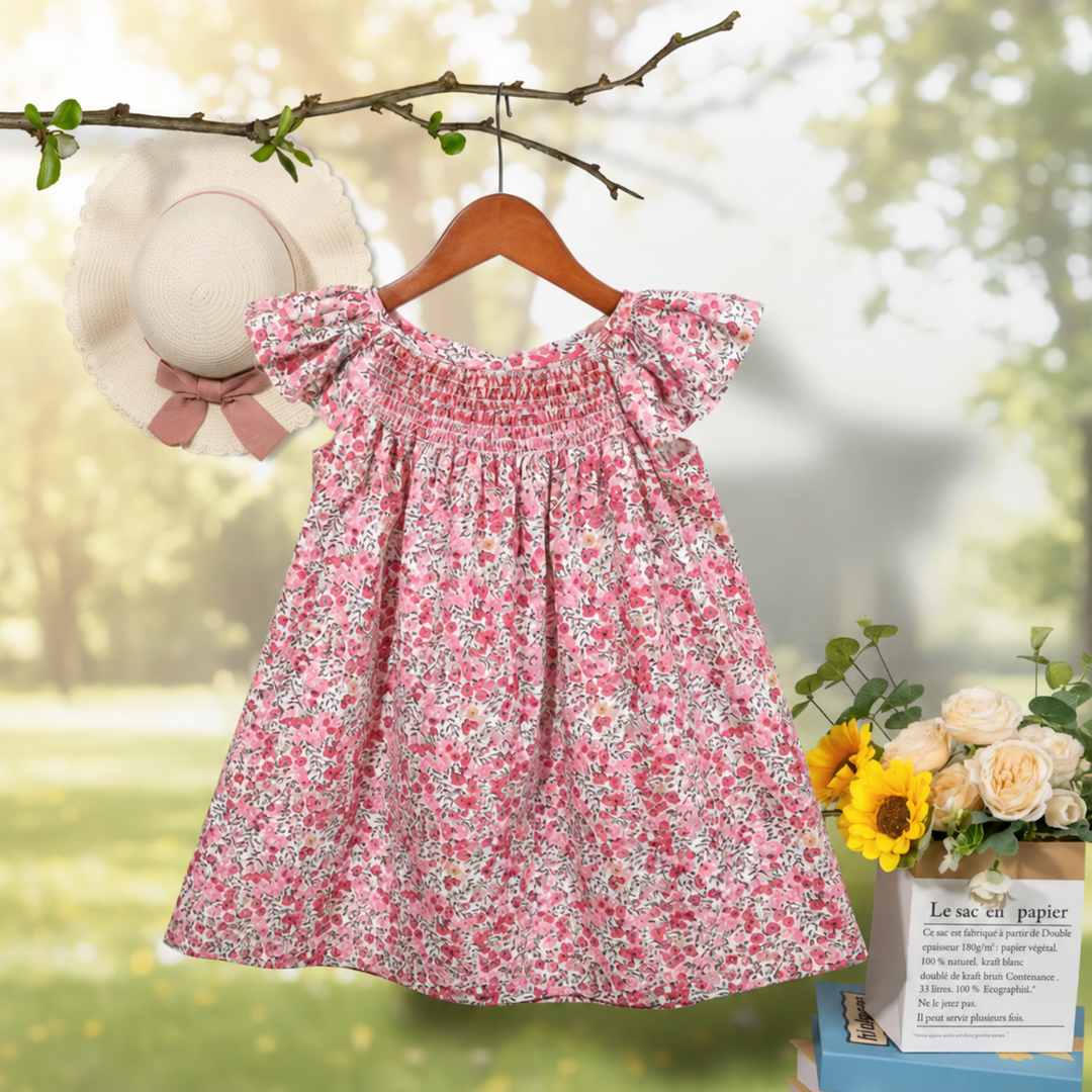Pink floral dress with flutter sleeves and a gathered skirt, displayed on a hanger.
