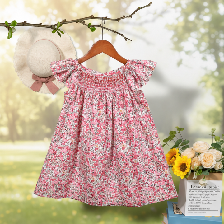 Pink floral dress with flutter sleeves and a gathered skirt, displayed on a hanger.