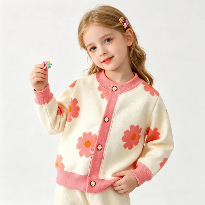 Child wearing a cream knit cardigan with large pink flowers and a pink button front