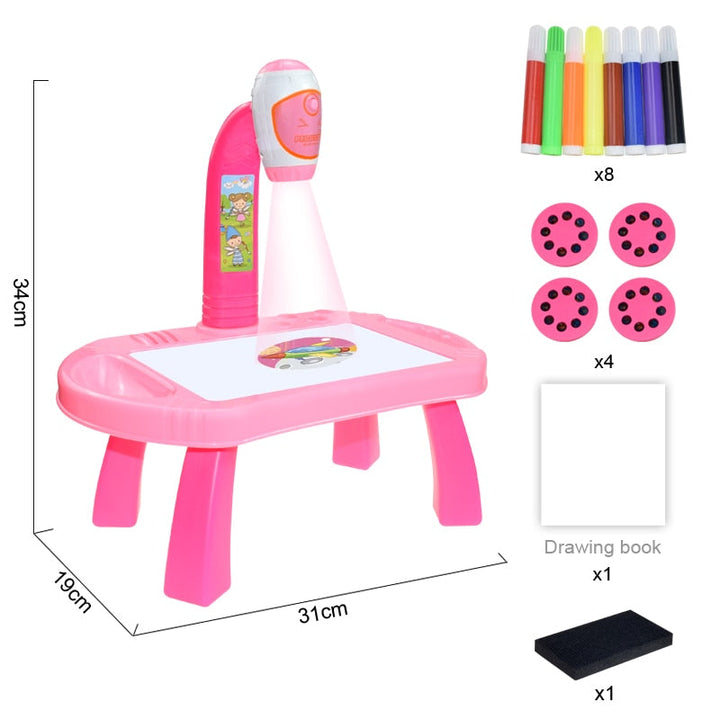 Pink drawing projector with measurements, four picture discs, eight coloring pens and drawing book