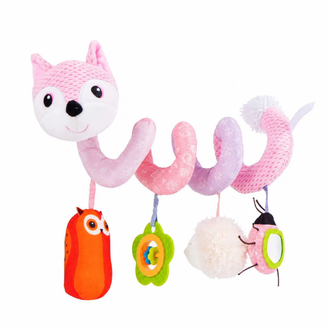 Pink fox spiral activity toy with colorful hanging shapes, a flower, and a bug.