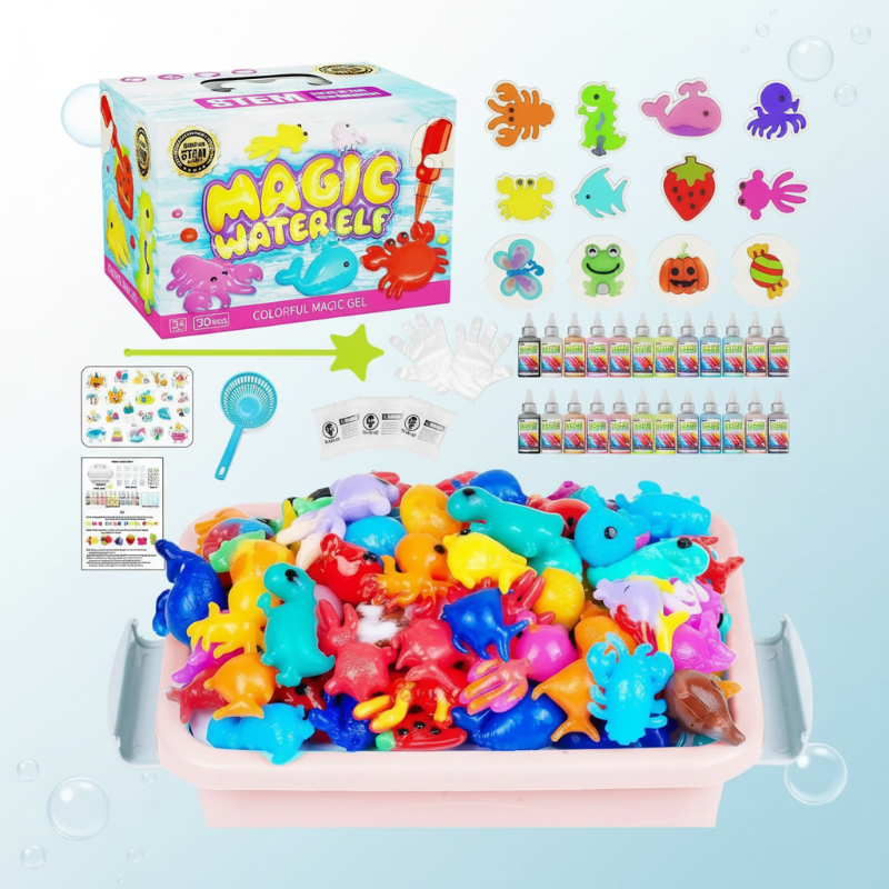 Pink gel craft set with gel bottles, shape molds, stickers, tools, and colorful finished figures
