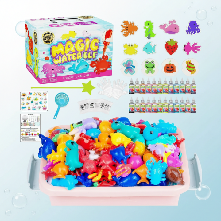 Pink gel craft set with gel bottles, shape molds, stickers, tools, and colorful finished figures