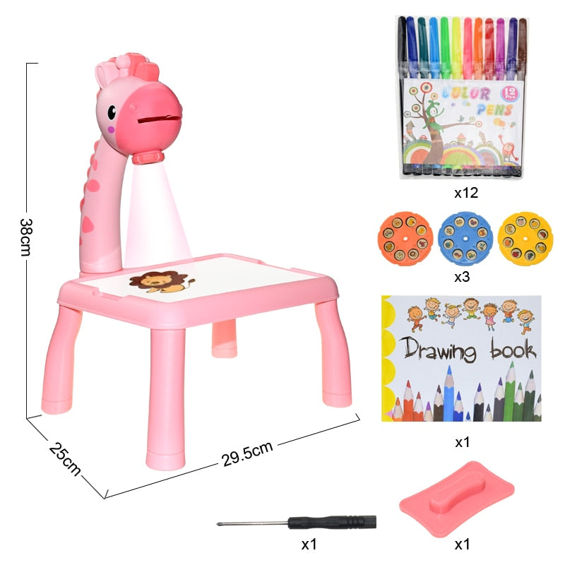 Pink giraffe drawing table with measurements, a drawing book, three picture discs and coloring supplies