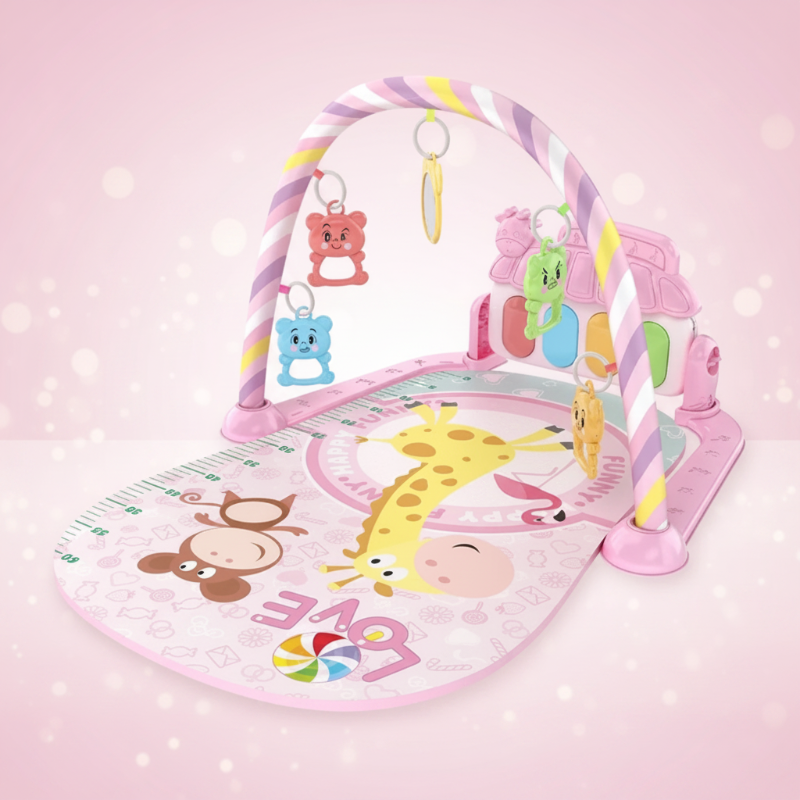 Pink baby play gym with a giraffe-print mat, pastel arch, and hanging rattles