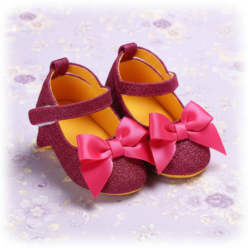 Pink glitter baby shoes with bright pink bows and straps