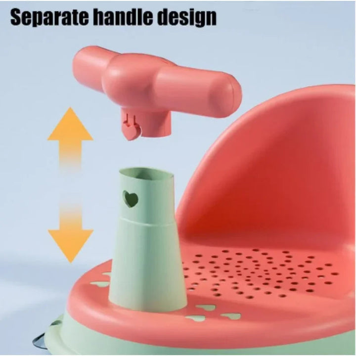 Removable pink front bar shown above its matching post on a pink and green baby bath seat