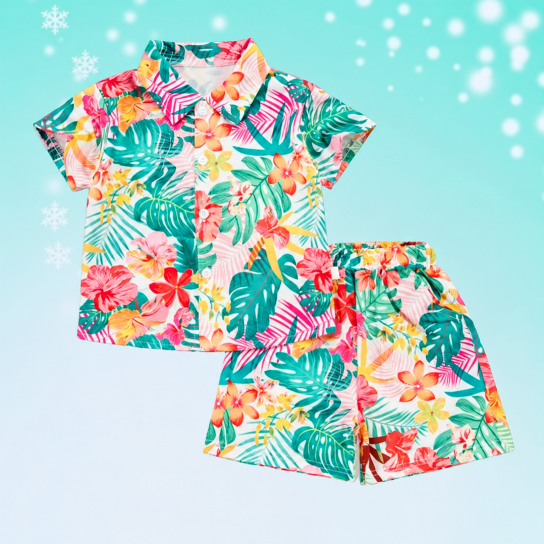 Matching shirt and shorts with pink flowers and green tropical leaves