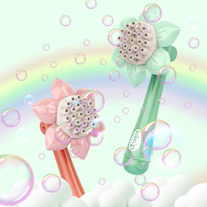 Pink and green flower-shaped bubble blowers surrounded by bubbles
