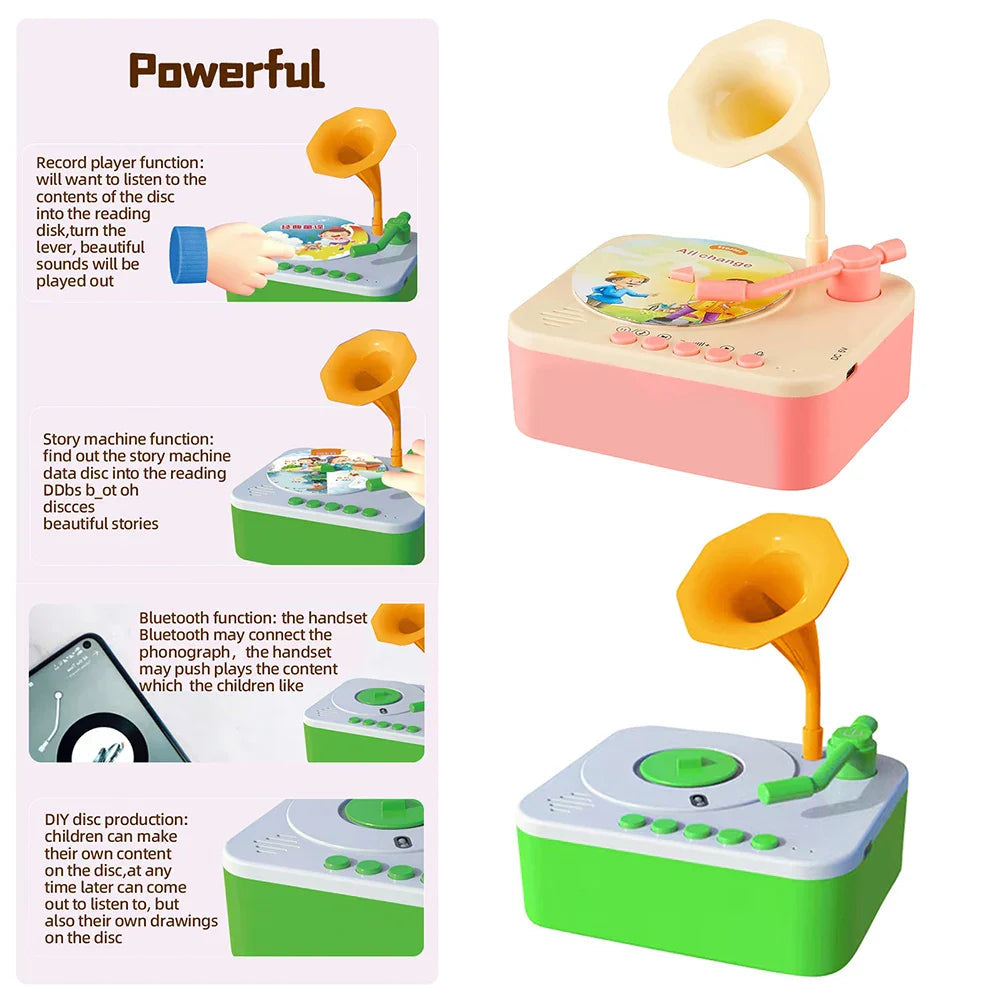 Pink and green toy gramophones beside diagrams of card playback, phone connection, and DIY cards
