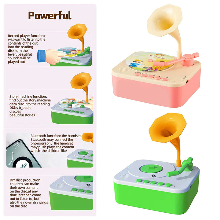 Pink and green toy gramophones beside diagrams of card playback, phone connection, and DIY cards