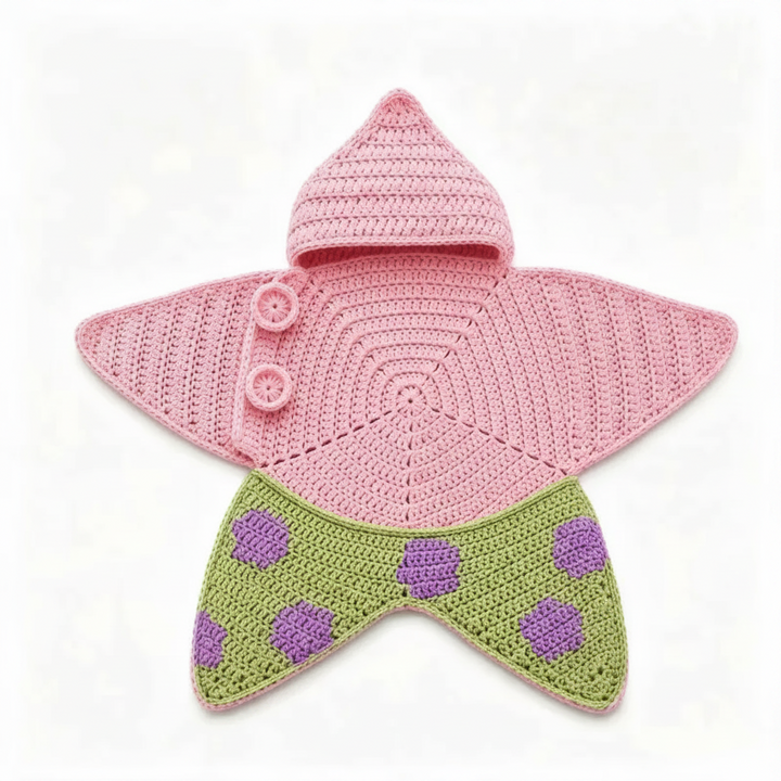 Pink-and-green hooded baby jumpsuit with purple spots and two front buttons