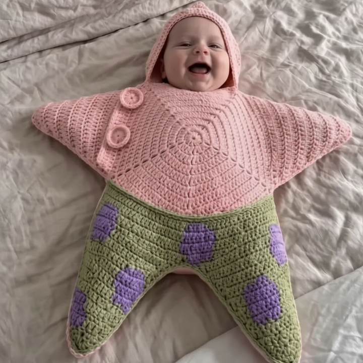 Pink-and-green knit baby jumpsuit with wide pointed sleeves and purple-spotted legs, shown being worn