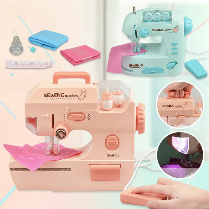 Pink and green toy sewing machines with fabric, sewing accessories, and controller close-ups
