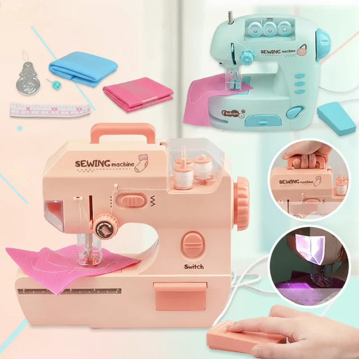 Pink and green toy sewing machines with fabric, sewing accessories, and controller close-ups