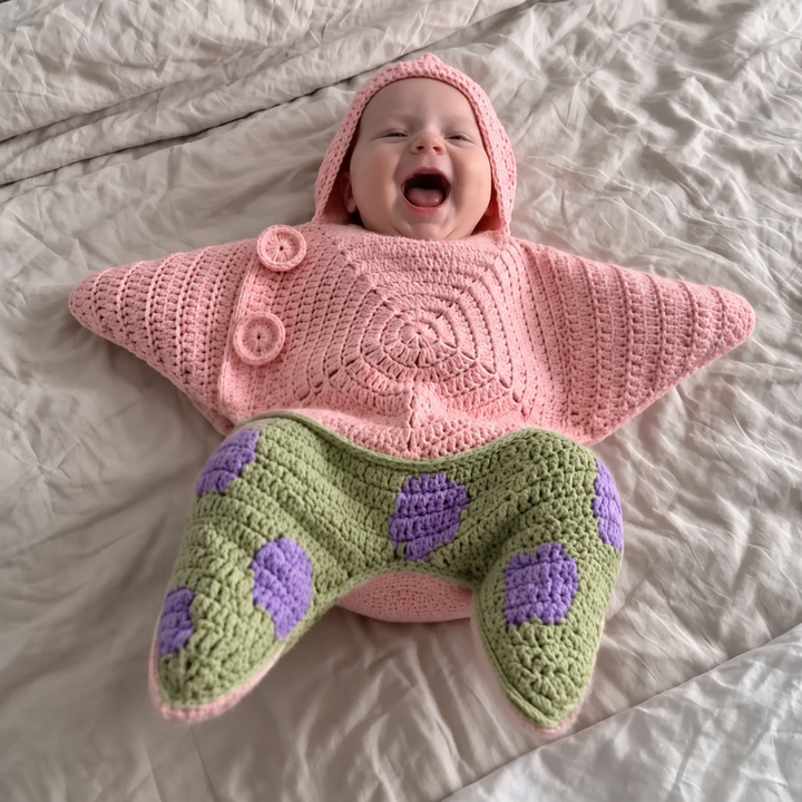 Baby wearing a pink-and-green hooded star jumpsuit with purple spots on light bedding