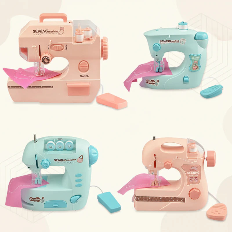 Pink and green toy sewing machines in several styles, with fabric and wired controllers