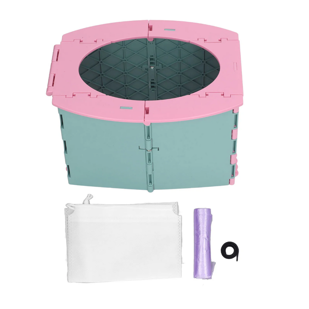 Pink and green folding potty with a white storage pouch and a roll of disposable bags