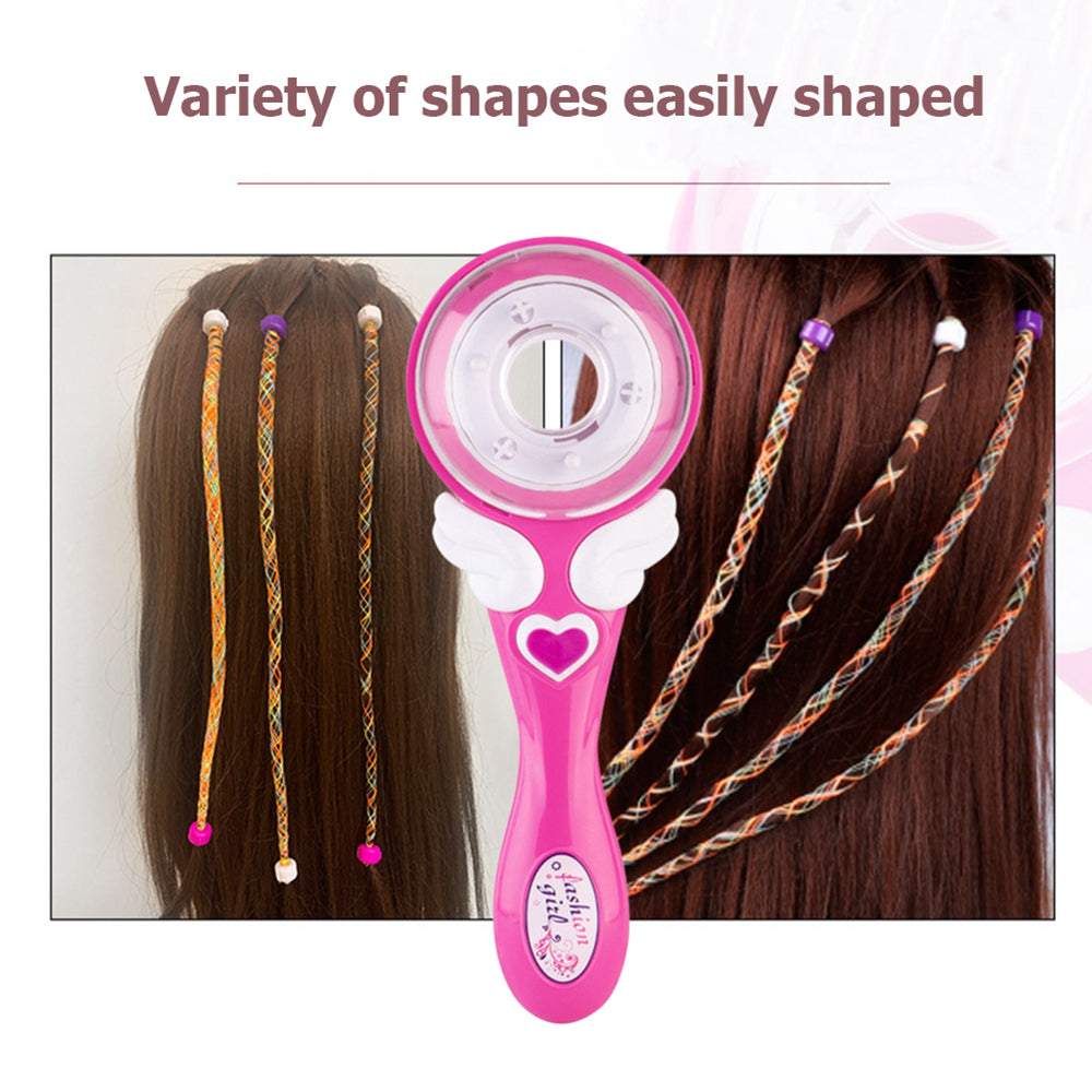 Pink hair braider shown beside straight and twisted decorated strands