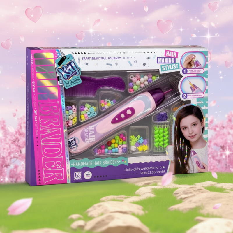 Boxed pink electric hair braiding kit with colorful beads and a comb