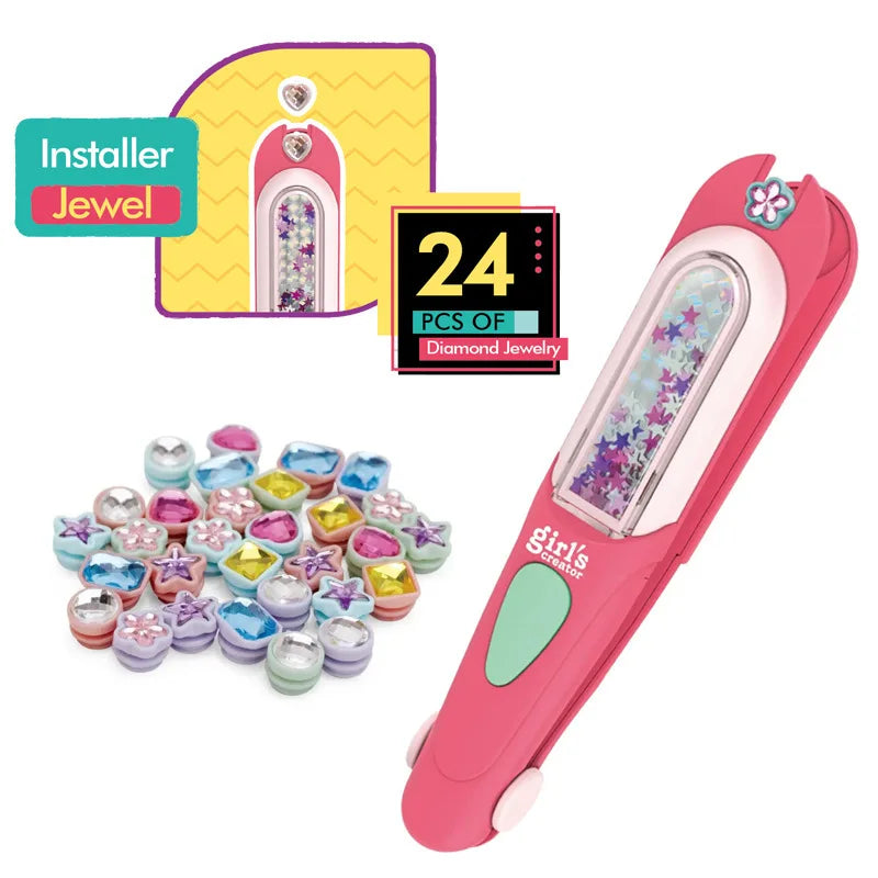 Pink hair gem stamp and multicolored jewels with a label showing 24 included jewels