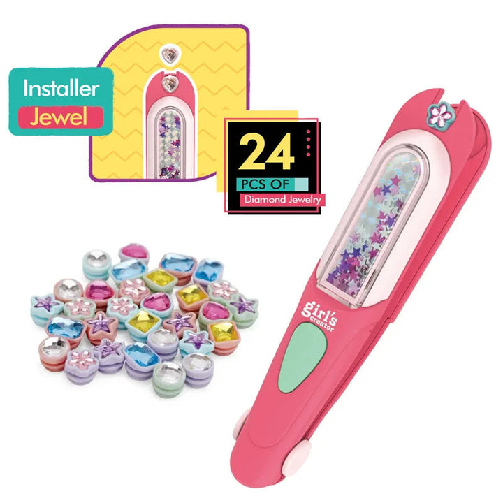 Pink hair gem stamp and multicolored jewels with a label showing 24 included jewels