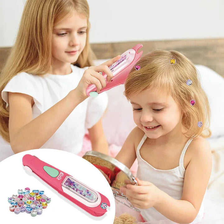 Child using a pink hair gem stamp to add colorful jewels to another child&