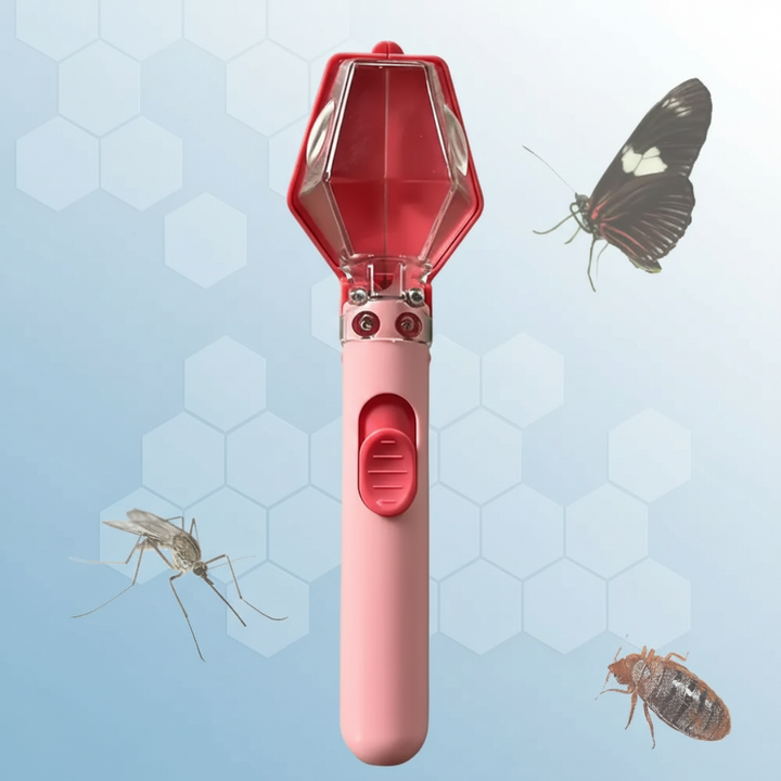 Pink insect catcher with a transparent viewing chamber and pink thumb slider