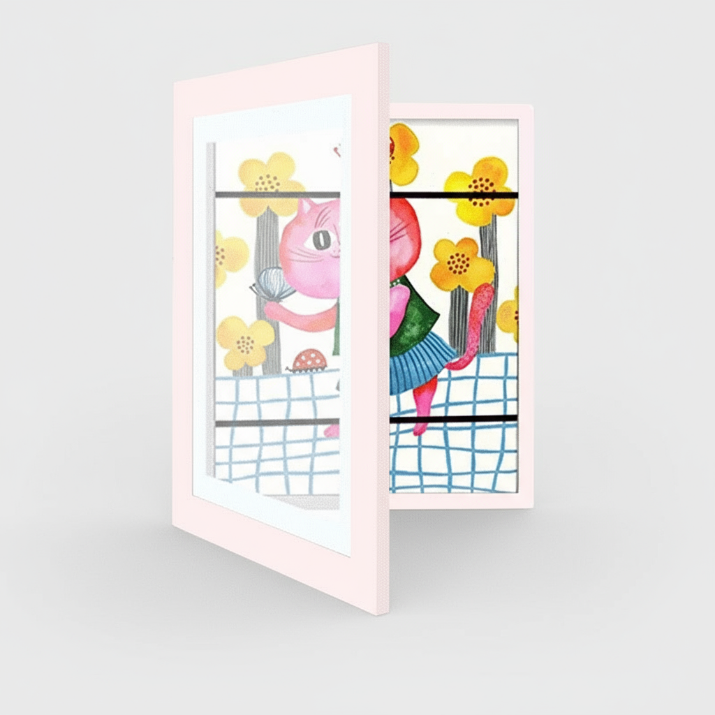 Open pink art frame displaying a colorful flower drawing