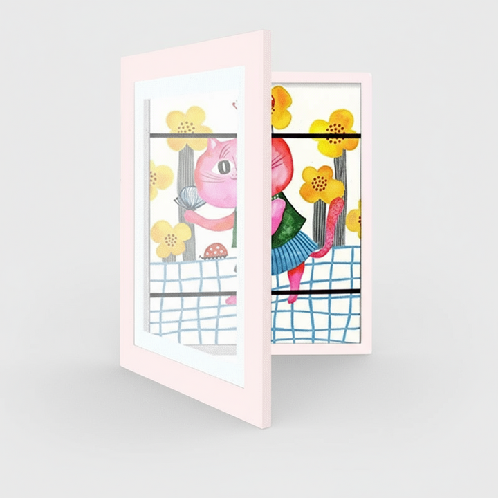 Open pink art frame displaying a colorful flower drawing