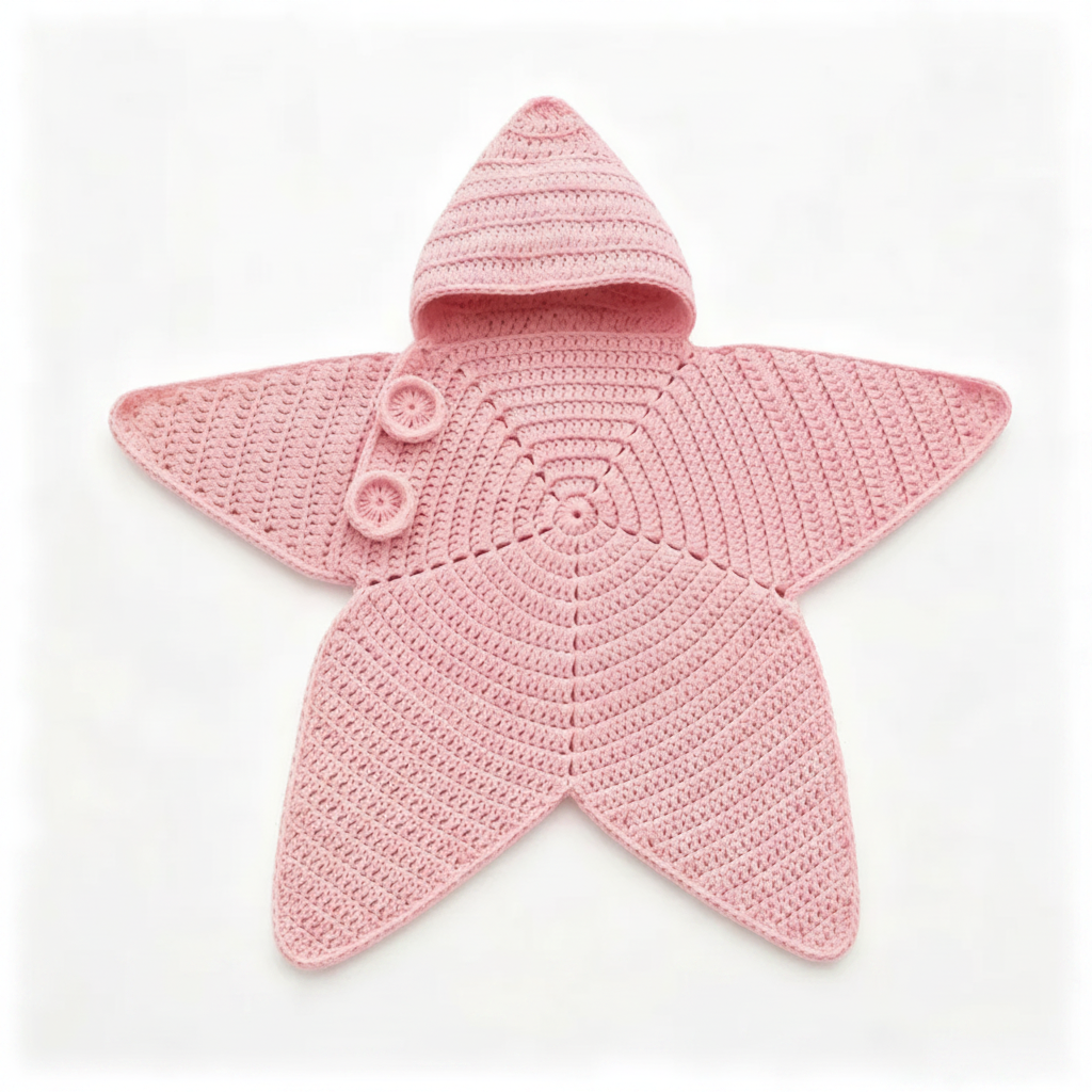 Pink star-shaped knit baby jumpsuit with pointed sleeves, a hood, and two front buttons