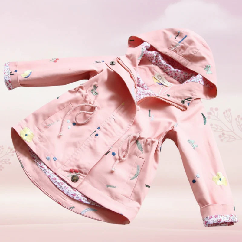Pink hooded windbreaker laid flat with floral lining, pockets, and a drawstring waist
